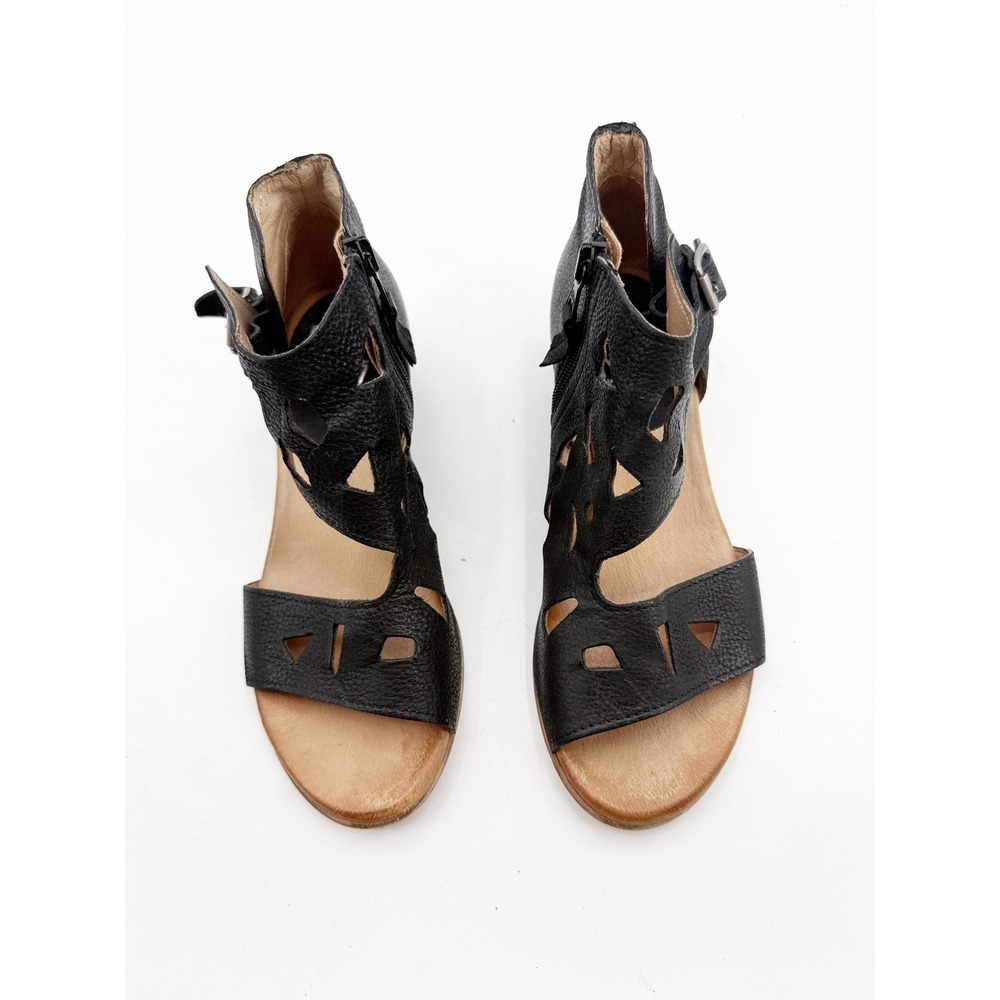 Miz Mooz Black Leather Cutout Ankle Strap Sandals Block Heel Womens 37 US 6.5-7